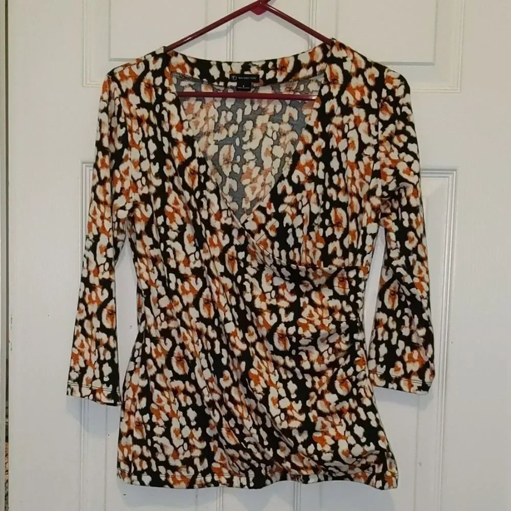 New Directions black brown faux wrap top Sz SNWOT